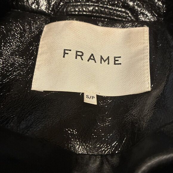Frame Authentic Solid Black Shine Genuine Lamb Leather Biker Moto Jacket Small - Picture 5 of 8